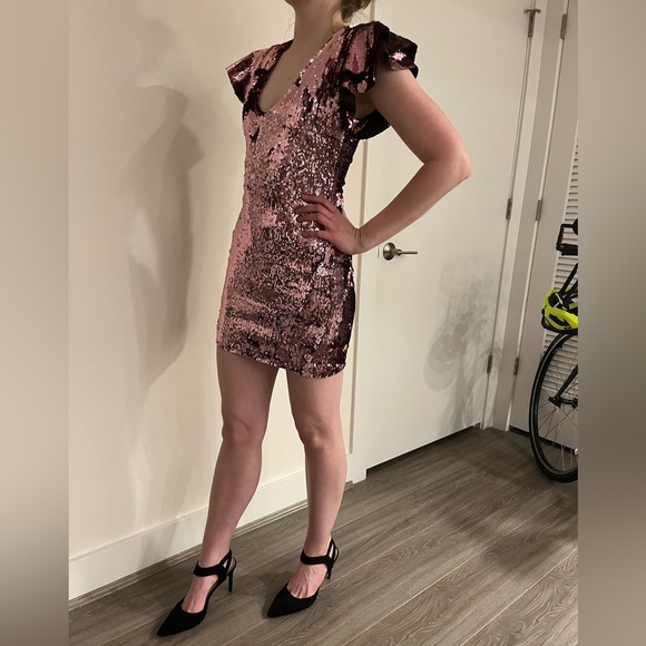 Zara Pink Sequin Mini Dress with Ruffle Sleeves - Picture 2 of 4